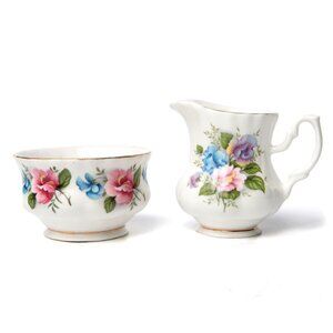 Vintage Sheer Elegance Fine Bone China Mini Creamer & Sugar Bowl Floral Pink